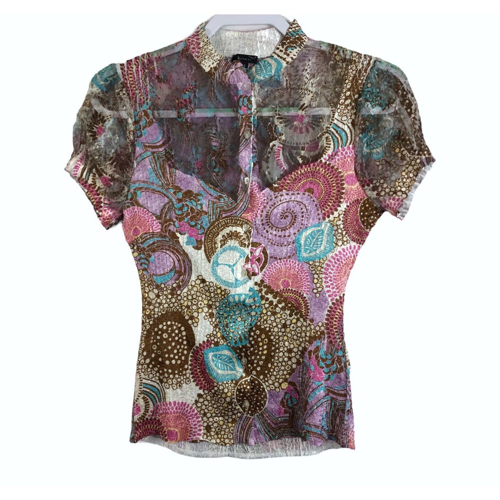 Komarov Women’s Short Sleeve Collared Floral Print Top - Pink, Teal, Brown